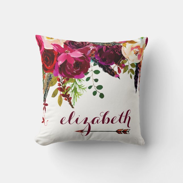 Boho mit Blumen mit Ihrem Namen und Pfeil Kissen (Vorderseite)