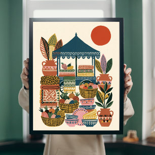Boho-Mittelmeer-Markt-Folk-Art-Keramik-Leinwand Poster