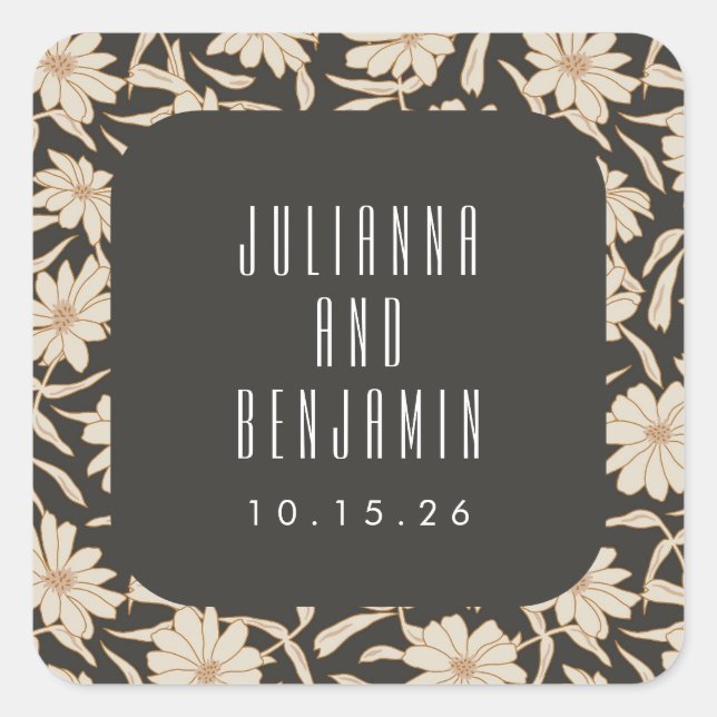 Boho Modern Botanical Black Ivory Wedding Custom Quadratischer Aufkleber (Vorderseite)
