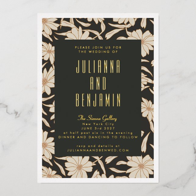 Boho Modern Botanical Black Ivory Wedding Gold Folieneinladung (Vorderseite)