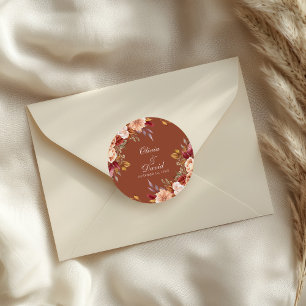 Boho Modern Burnt Orange Terracotta Floral Wedding Runder Aufkleber