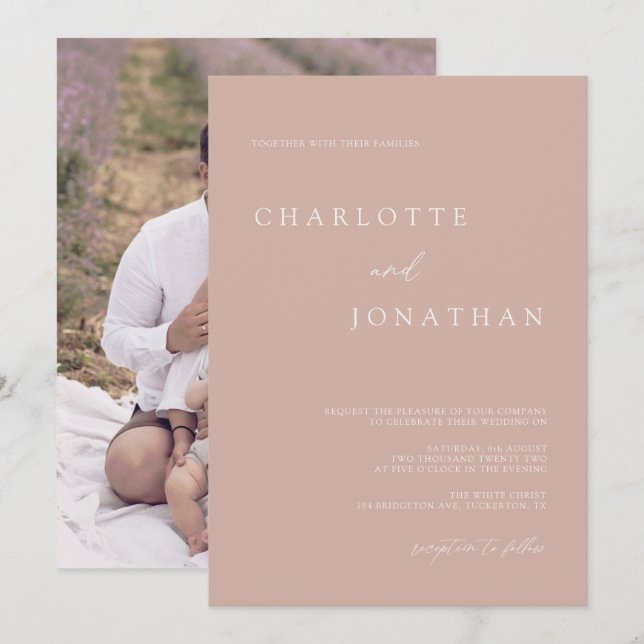 Boho Modern Pale Mauve Foto Wedding Einladung (Vorne/Hinten)