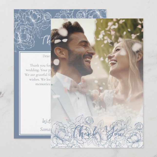Boho Modern Periwinkle Blue Floral Elegantes Foto Dankeskarte (Vorne/Hinten)