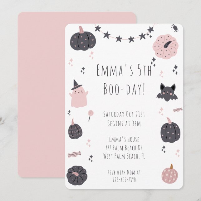 Boho Modern Pink Halloween Geburtstagseinladung Einladung (Vorne/Hinten)