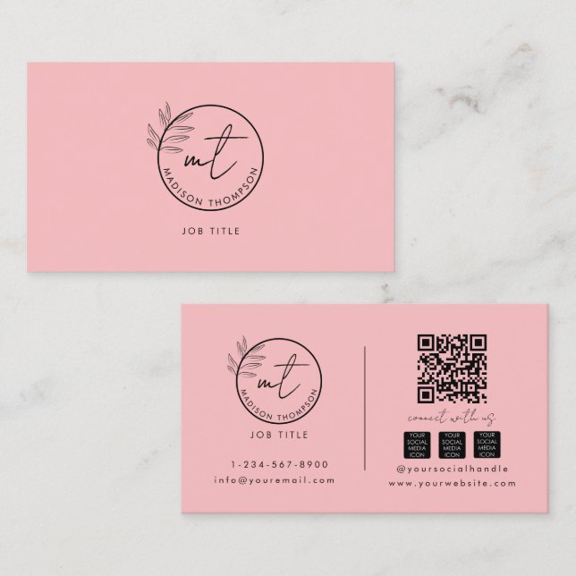 Boho Modern Pink QR-Code Social Media-Logo Visitenkarte (Vorne/Hinten)