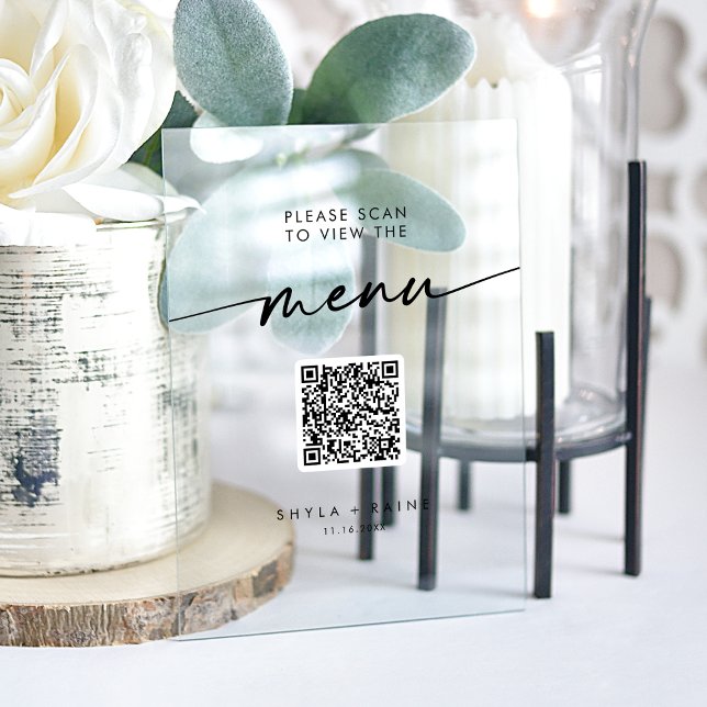 Boho Modern QR Code Clear Acrylique Mariage Menu (Boho Modern QR Code Clear Acrylic Wedding Menu Acrylic Sign)