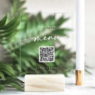 Boho Modern QR Code White Clear Wedding Menü Acrylschild