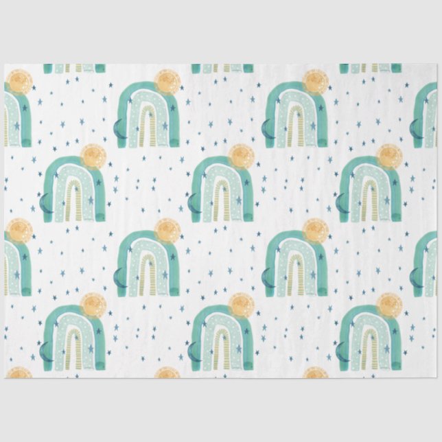 Boho Modern Rainbow Aquamarin Blue Sun Moon Stars  Seidenpapier (Vorderseite)