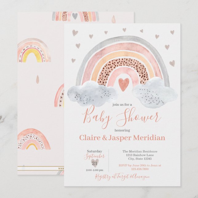 Boho Modern Rainbow Baby Shower Einladung (Vorne/Hinten)
