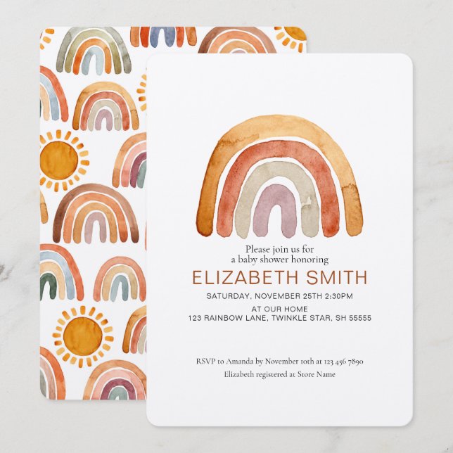 Boho Modern Rainbow Girl Baby Shower Einladung (Vorne/Hinten)