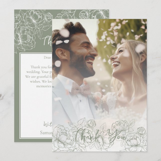 Boho Modern Sage Green Floral Elegantes Foto Dankeskarte (Vorne/Hinten)