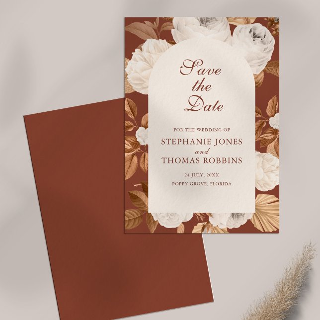 Boho Modern Terracotta Save the Date Card (Boho Modern Terracotta Save the Date Card on white table.)