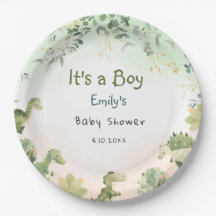 Boho Modern Watercolor Dinosaur Greenery Boy