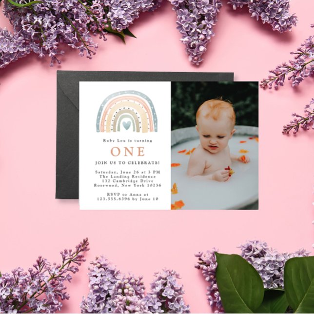 Boho moderne Baby Birthday Photo Invitation (Créateur téléchargé)