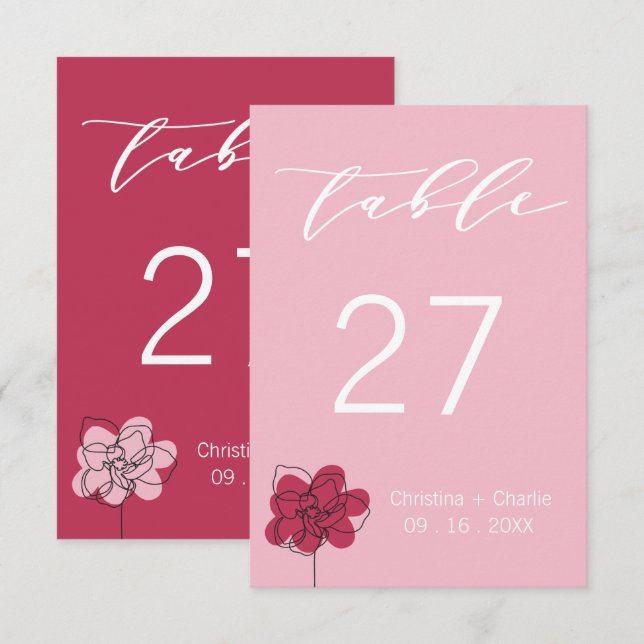 Boho moderne Fuchsia Mariage rose Numéro de table (Devant / Derrière)