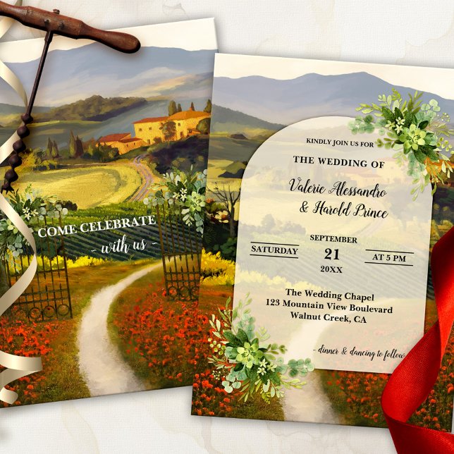 Boho Moderne Italienische Landeshochzeit Einladung (Modern romantic wedding invitation featuring an Italian landscape painting with watercolor flowers)