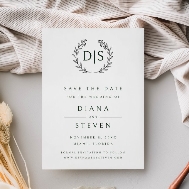 Boho Moderne Minimalistische Hochzeit Save The Date (Minimalist black and white wedding save the date card with monogram and laurel wreath)
