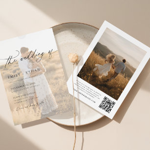 Boho Moderne Vellum-Overlay-Foto-QR-Code-Hochzeit Einladung