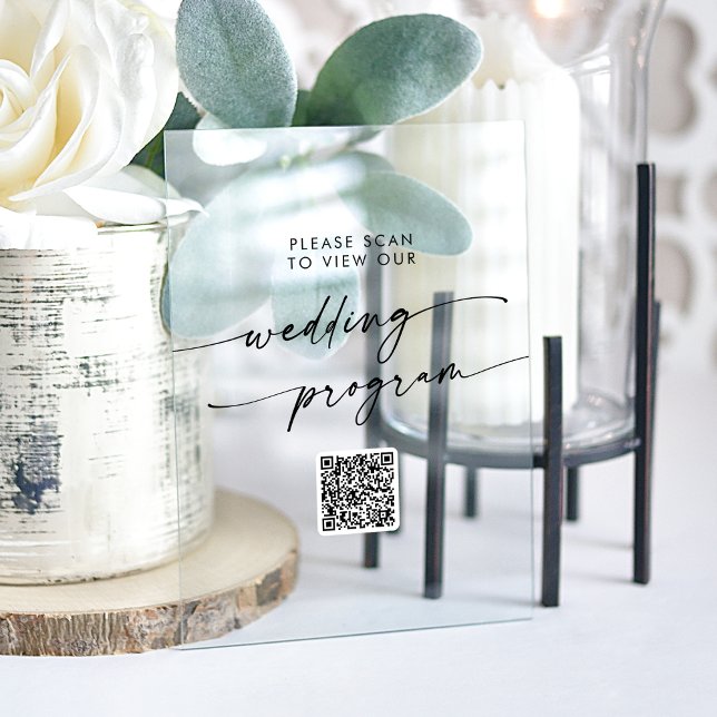 Boho Moderner QR-Code Klarsichtiges Hochzeitsprogr Acrylschild (Boho Modern QR Code Clear Acrylic Wedding Program Acrylic Sign)
