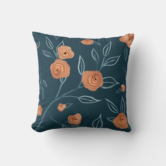 BOHO Modernes Floral Watercolor Navy Blue Terracot Kissen (Vorderseite)