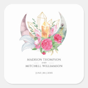 Boho Mond Kristalle Federn Rosa Blumen Hochzeit Quadratischer Aufkleber