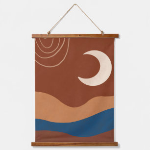 Boho-Mond-Linien-Landschaft Terrakotta Beige Blau Wandteppich Mit Holzrahmen