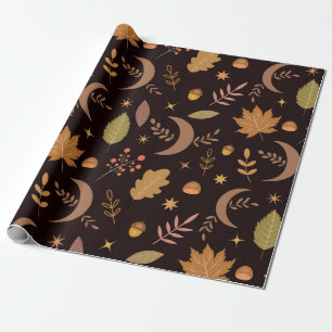 Boho-Mond mit Herbstlaub-Muster   Geschenkpapier