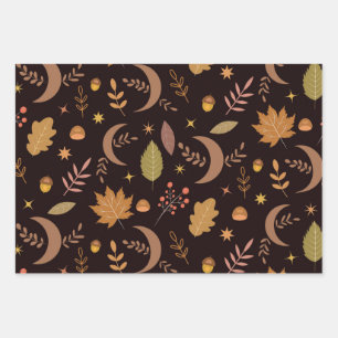 Boho-Mond mit Herbstlaub-Muster  Geschenkpapier Set