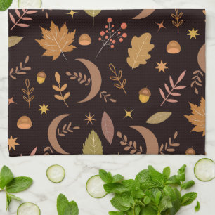 Boho-Mond mit Herbstlaub-Muster Geschirrtuch