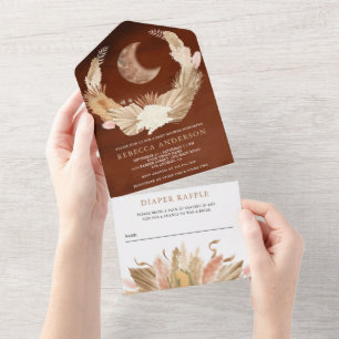 Boho Mond Pampas Gras Terrakotta Babyparty All In One Einladung