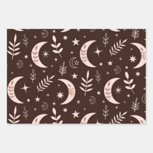 Boho-Mondmuster mit Blättern und Sternen Geschenkpapier Set