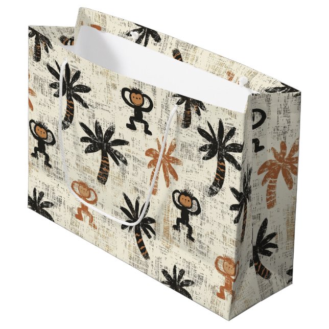 Boho Monkey Jungle Safari Pattern Große Geschenktüte (Vorderseite Schrägansicht)