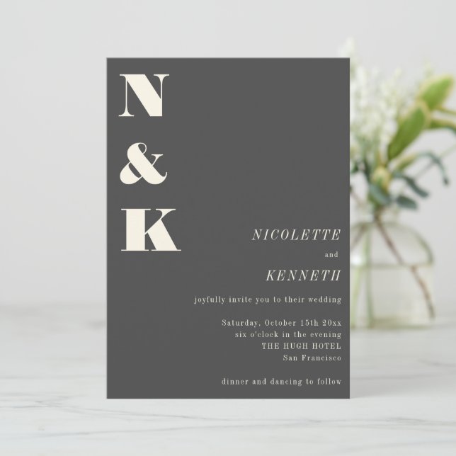 Boho Monogram Initials Charcoal Gray Photo Wedding Einladung (Stehend Vorderseite)