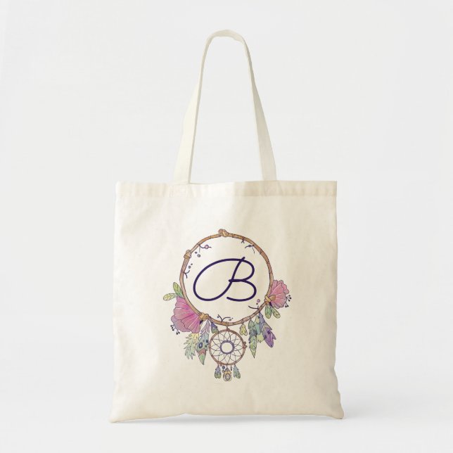 Boho Monogram Watercolor Dreamcatcher Tote Bag Tragetasche (Vorne)
