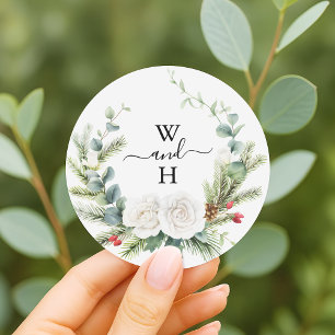 Boho Monogram Winter Greenery Gastgeschenk Hochzei Runder Aufkleber