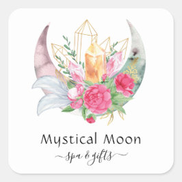Boho Moon Crystals Feathers Blume Business Card Quadratischer Aufkleber