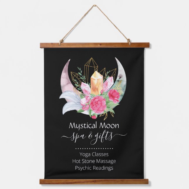 Boho Moon Crystals Feathers Blume Wandteppich Mit Holzrahmen (Vorderseite)