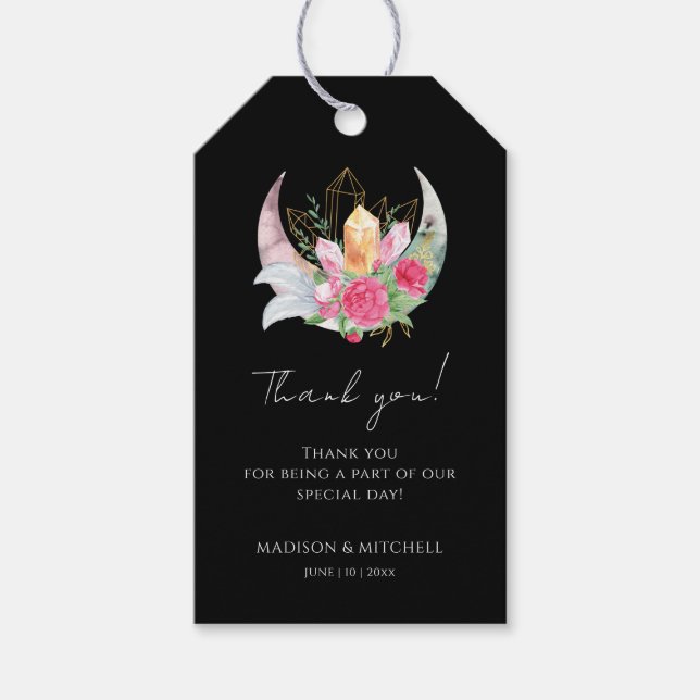 Boho Moon Crystals Feathers Pink Blume Hochzeit Geschenkanhänger (Vorderseite)