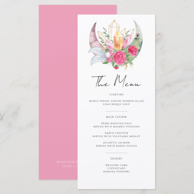 Boho Moon Crystals Feathers Pink Blume Hochzeit Menükarte (Vorne/Hinten)