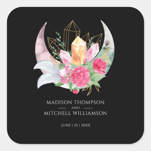Boho Moon Crystals Feathers Pink Blume Hochzeit Quadratischer Aufkleber (Vorderseite)