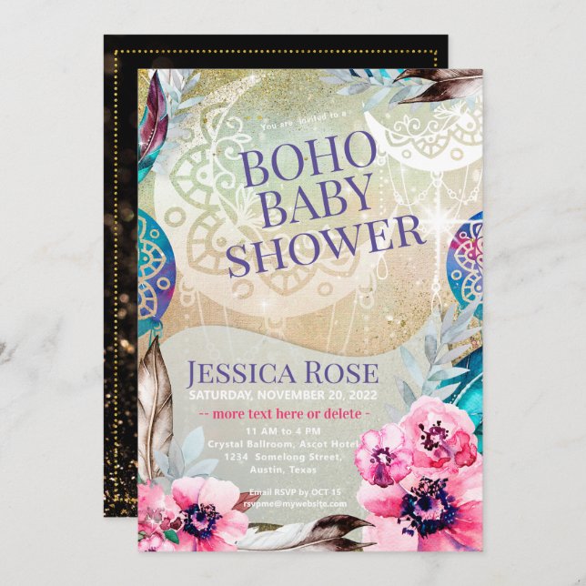 Boho Moon Mama Baby Shower Einladung (Vorne/Hinten)