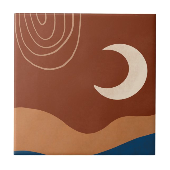 Boho Moon Rainbow Landscape Rust Tan Blue Brown Fliese (Vorderseite)