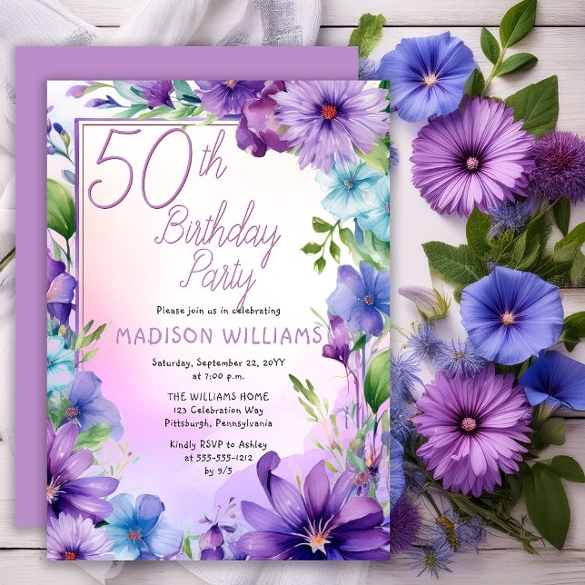 Boho Morning Glories Floral 50th Birthday Party Einladung (Elegant Boho Aster | Morning Glories Floral 50th Birthday Party Invitation Print | Digital Download)