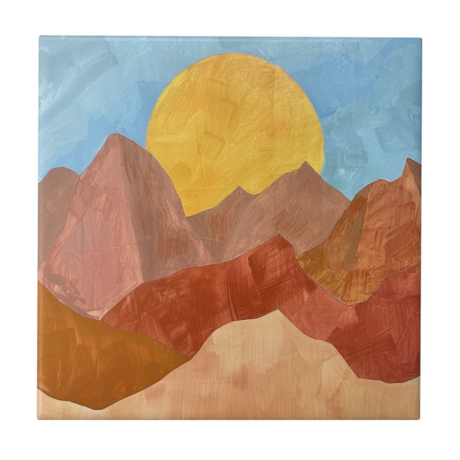 Boho Mountain Sunset - Warme Erde Tone Landschaft Fliese (Vorderseite)