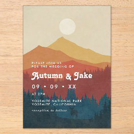 Boho Mountains and Forest 1970er Retro-Hochzeit Acryleinladungen