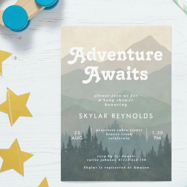 Boho Mountains Retro Blue Baby Dusche Einladung (Von Creator hochgeladen)