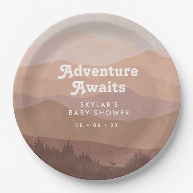 Boho Mountains Retro Pink Baby Dusche Pappteller (Vorderseite)