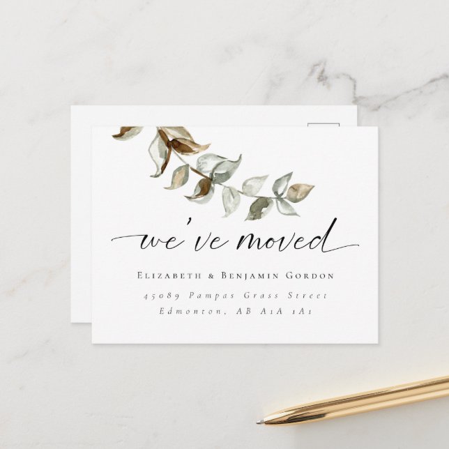 Boho Moving Announcement Minimal Script Elegant Ankündigungspostkarte (Vorderseite/Rückseite Beispiel)