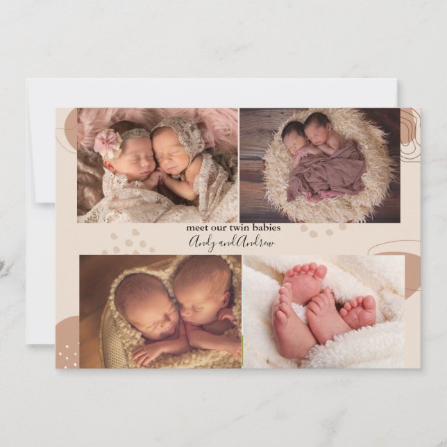 Boho Multi Foto Twin Baby Geburtserklärung Einladung (Vorderseite)
