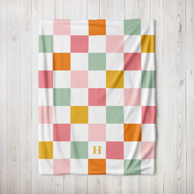 Boho Multicolor Checkerboard Monogram Fleecedecke (Von Creator hochgeladen)